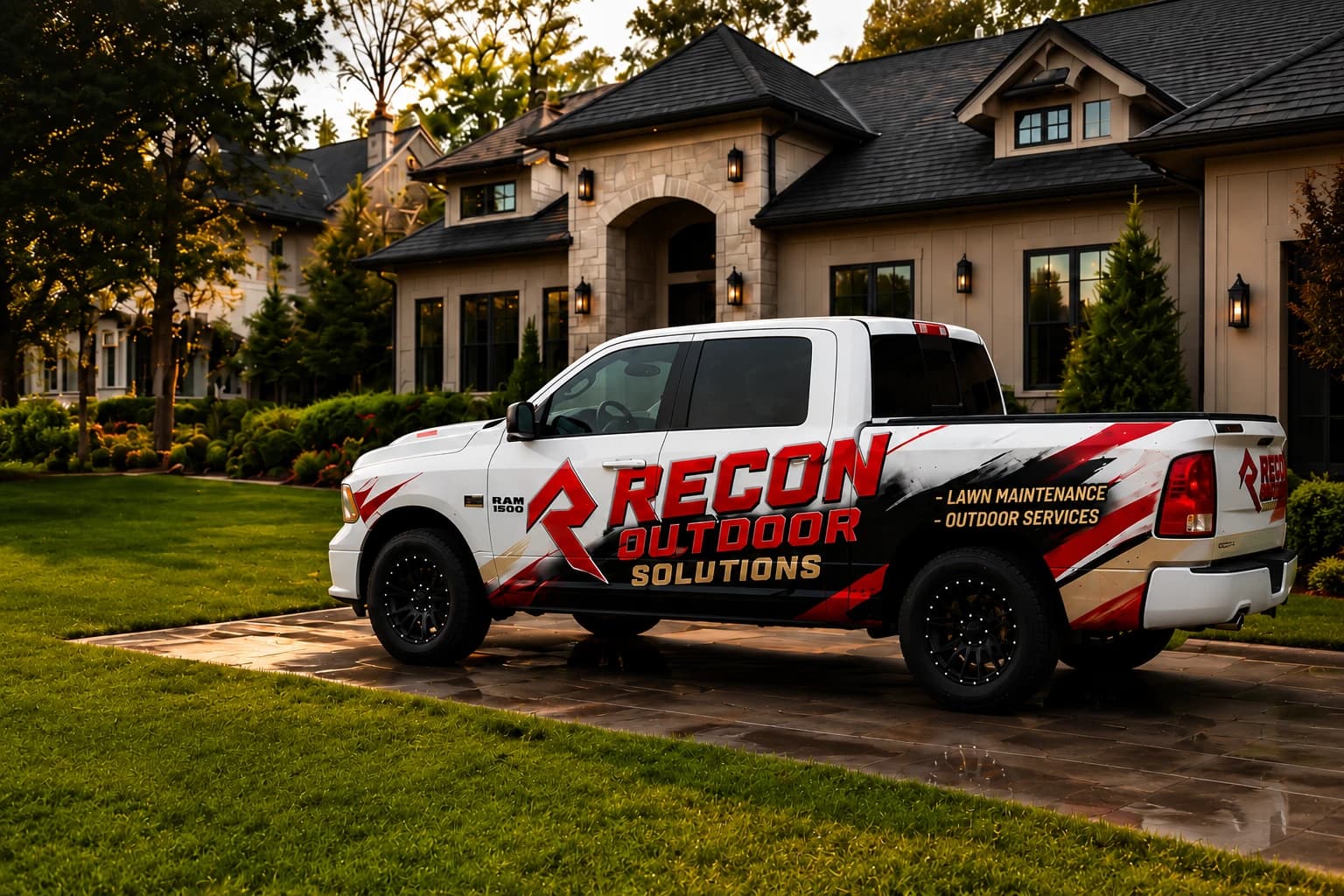 Recon Outdoor Solutions wrapped truck parked in front of a home