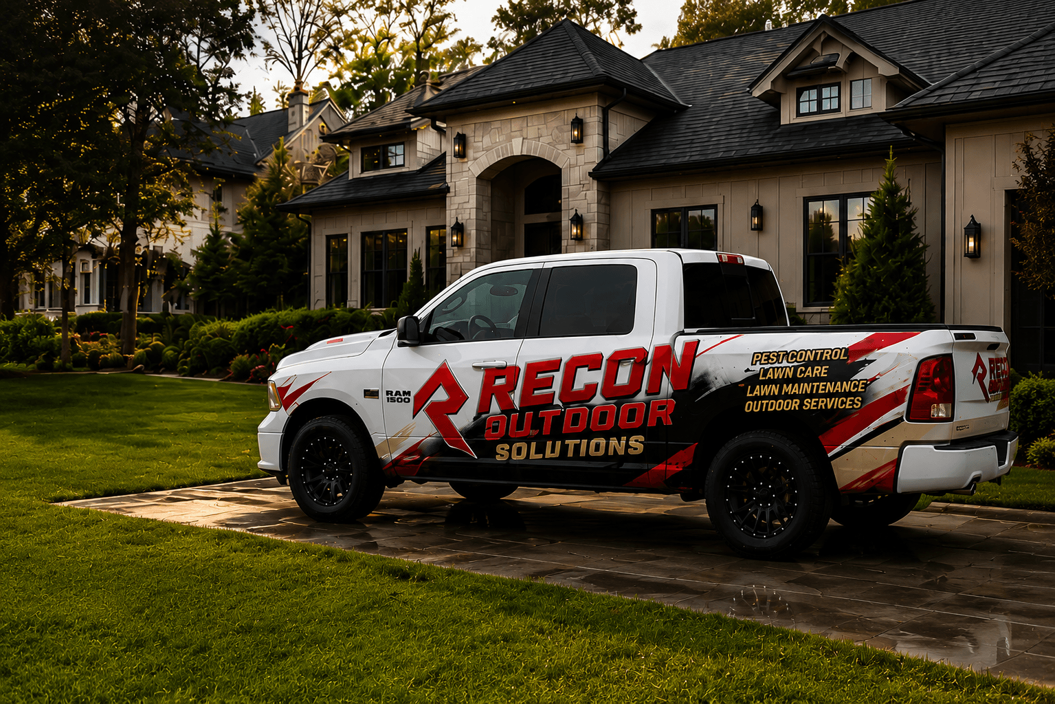 Recon Outdoor Solutions wrapped truck parked in front of a home